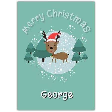 Personalised Reindeer and Christmas Trees Seasonal Greeting Card with Santa Hat Design