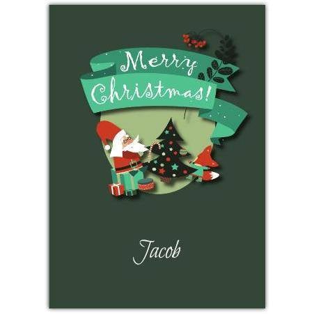 Personalised Merry Christmas Card with Santa Tree and Holly Festive Design