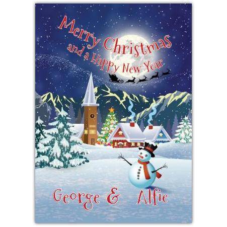 Personalised Snowman and Santa Sleigh Merry Christmas and Happy New Year Card