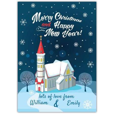 Personalised Snowy Church Christmas and New Year Card Lots of Love Seasonal Greeting