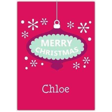 Personalised Purple Bauble Merry Christmas Card with Custom Name on Festive Red Background