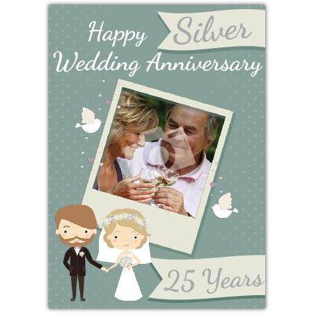 Personalised Silver Wedding 25th Anniversary Photo Upload Card with Bride and Groom Design