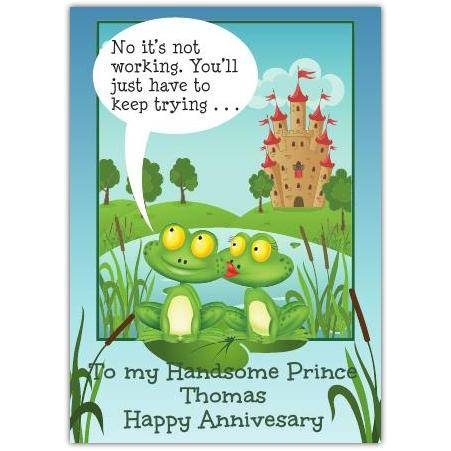 Personalised Kissing Frogs Happy Anniversary Card for Him Prince Thomas Design