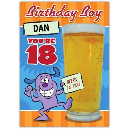 Personalised Happy 18th Birthday Card for Him with Beer Glass and Fun Cartoon Design