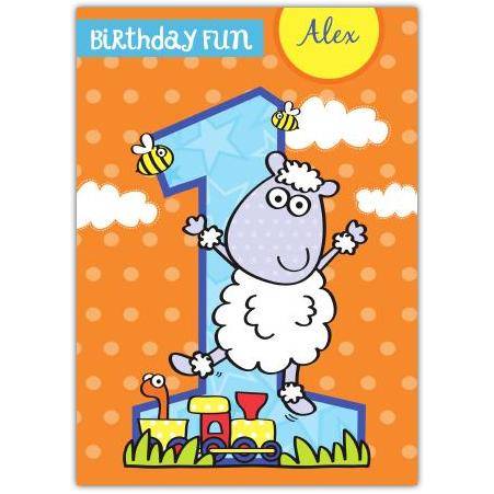 Personalised 1st Birthday Card for Boys with Fun Sheep and Number One Design