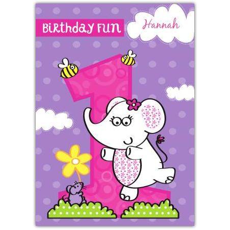 Happy 1st Birthday Girl Card with Cute Elephant and Personalised Name Option