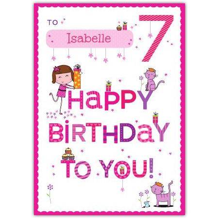 Personalised Happy 7th Birthday Card for Girls with Fun Pink Design and Characters