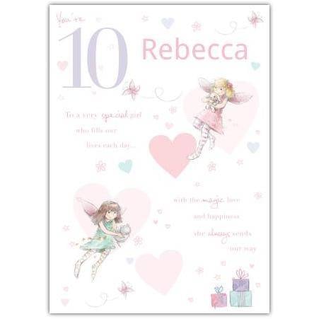 Personalised Girls 10th Birthday Card with Fairies and Hearts Design