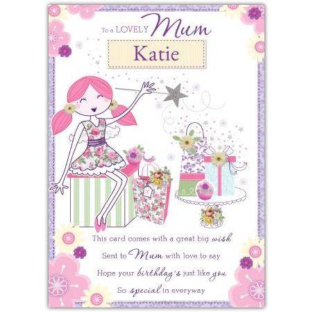 Lovely Mum Personalised Angel Fairy Birthday Card with Flowers and Gifts Design