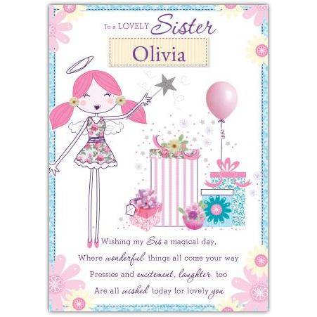 Personalised To A Lovely Sister Angel Birthday Card with Gifts and Balloon Design