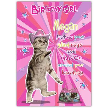 Personalised Birthday Girl Cat in Hat Glad Rags and Dance Fun Birthday Card