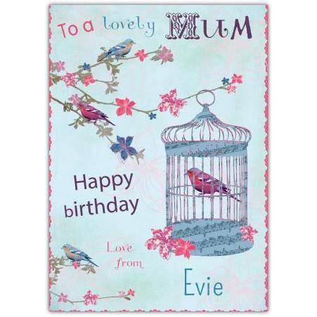 Lovely Mum Birdcage Birthday Card with Birds and Floral Design Personalised Option