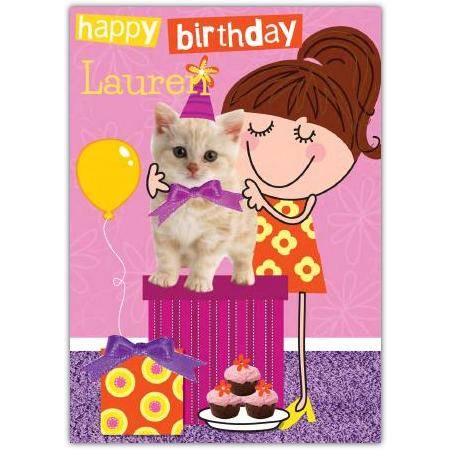 Personalised Cute Kitten Birthday Card with Girl and Party Hat Design