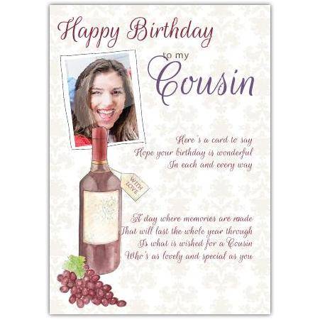 Personalised Cousin Birthday Card with Wine Bottle and Photo Frame Design