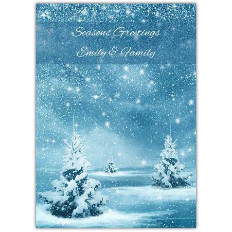 Personalised Seasons Greetings Christmas Card Snowy Winter Trees Design