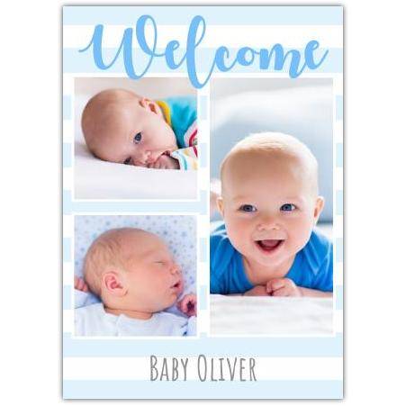 Welcome Baby Photo Collage Card Blue Stripes Newborn Keepsake Design