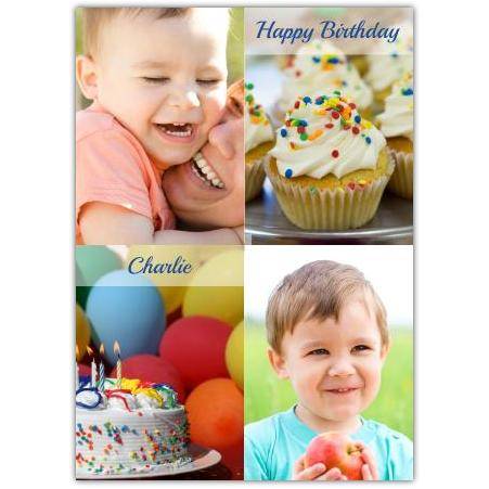 Personalised Happy Birthday Card with Two Photo Collage Cake and Cupcake Design