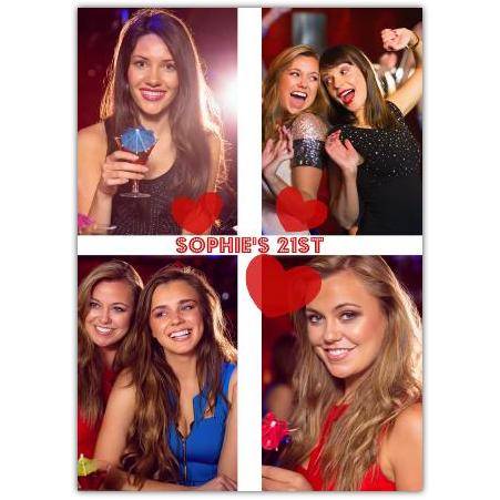 Personalised Four Photo Collage 21st Birthday Greeting Card with Hearts Design