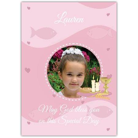 Personalised Pink First Holy Communion Photo Card with Chalice and Blessings
