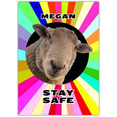 Personalised Colourful Sheep Stay Safe Greeting Card with Name on Front