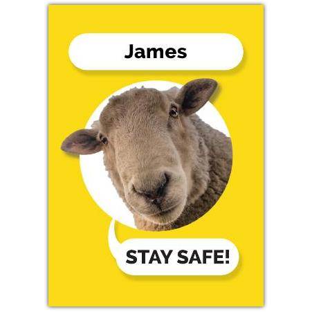 Personalised Stay Safe Sheep Greeting Card with Custom Name on Yellow Background