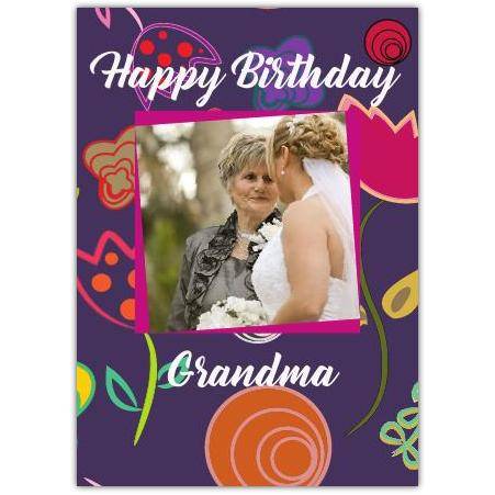 Personalised Floral Purple Birthday Card with Photo for Grandma Any Relation