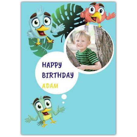 Personalised Childrens Birthday Card with Cartoon Birds and Photo Upload Option