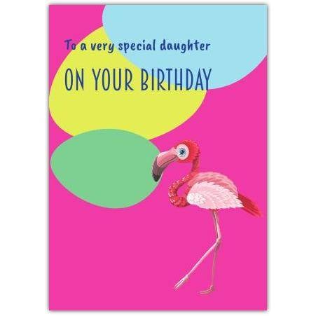 Special Daughter Birthday Card Pink Flamingo Design with Colourful Speech Bubbles