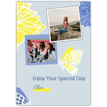 Personalised Two Photo Special Day Butterfly Greeting Card with Floral Design