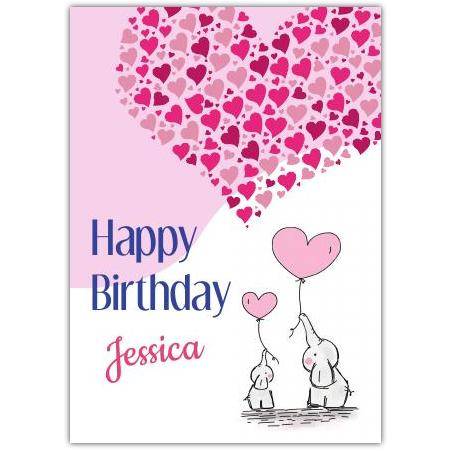 Personalised Elephant and Heart Balloon Happy Birthday Card for Girls