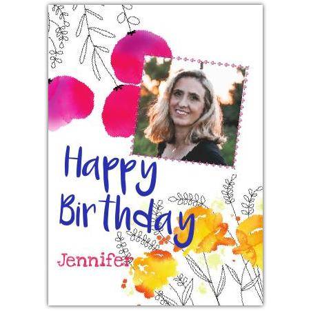 Personalised Happy Birthday Card with Pink and Yellow Floral Design and Photo Option