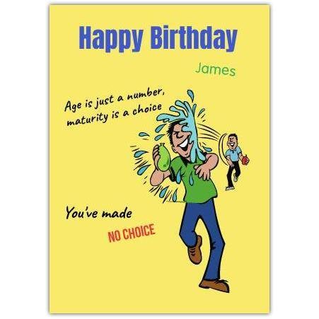 Humorous Boys Birthday Card Water Balloon Fight Design Personalised Option