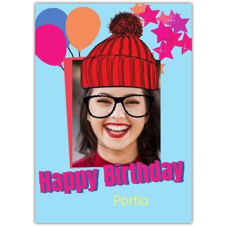 Personalised Girls Birthday Card with Balloons Stars and Hat Design