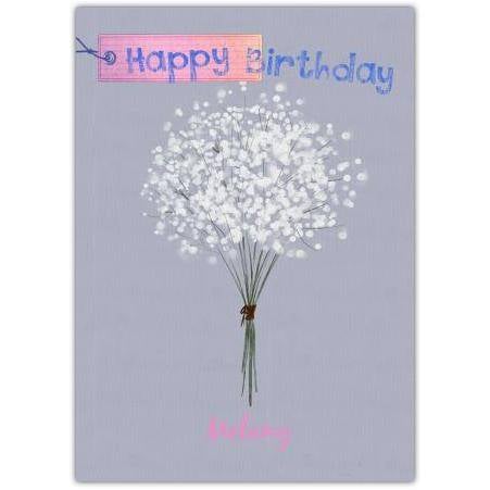 Happy Birthday Card with Delicate White Flowers Bouquet on Grey Background