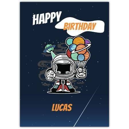 Happy Birthday Space Astronaut with Planet Balloons Personalised Card for Boys