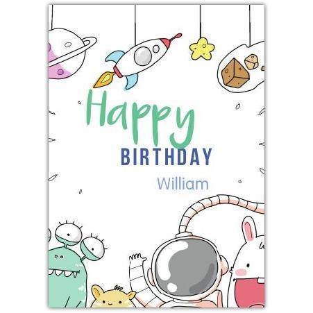 Happy Birthday Space Friends Personalised Boys Cartoon Rocket Card