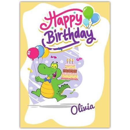 Personalised Happy Birthday Card for Girls with Cute Alligator, Cake and Balloons Design