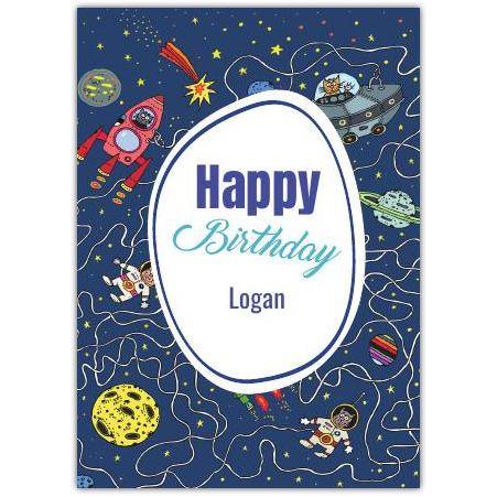 Personalised Happy Birthday Space Adventure Card for Boys with Astronauts and Planets Design