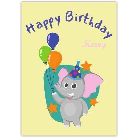 Happy Birthday Card with Cute Elephant Wearing Party Hat Holding Balloons for Kids