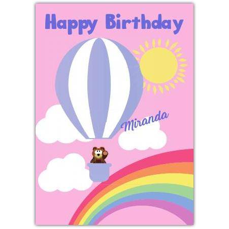 Personalised Girls Birthday Card with Bear in Hot Air Balloon and Rainbow Design