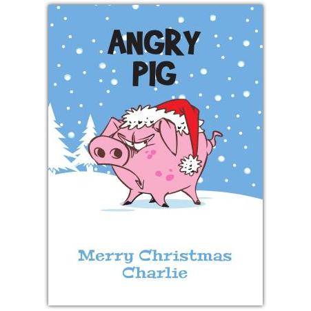 Funny Angry Pig Merry Christmas Card with Personalised Name Option