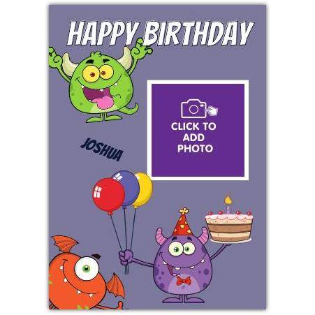 Personalised Boys Monster Birthday Card with Photo Upload and Cake Design