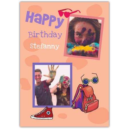 Personalised Happy Birthday Card for Girls with Two Photos Backpack and Sunglasses Design