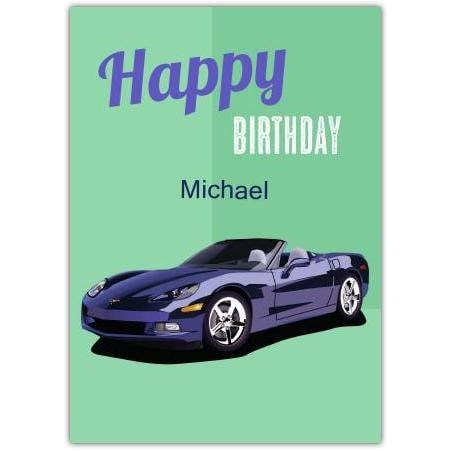 Personalised Happy Birthday Card with Sports Car on Green Background for Boys