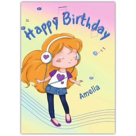 Personalised Happy Birthday Card for Teenage Girl with Headphones and Music Design