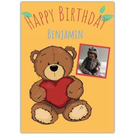 Personalised Happy Birthday Card for Boys with Big Teddy Bear Holding Heart and Photo Upload