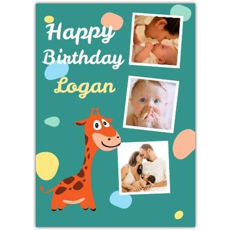 Personalised Baby Birthday Card with Giraffe and Three Photo Gallery Design