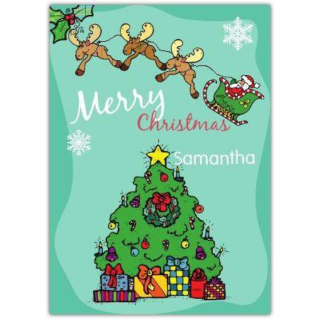 Personalised Merry Christmas Card with Flying Santa Sleigh and Reindeer over Tree Design