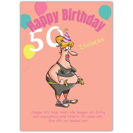 Personalised 50th Birthday Card for Her Funny Lady Trainer with Tape Measure Illustration