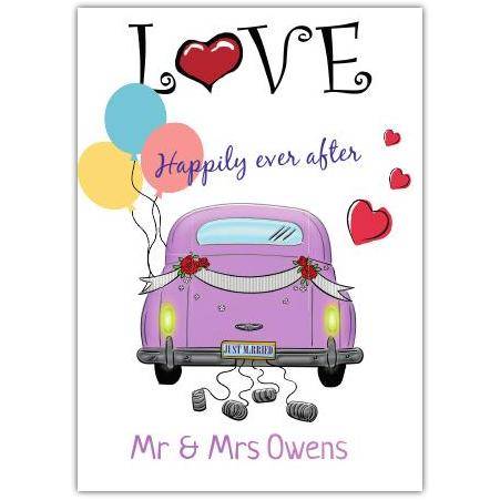 Personalised Wedding Card Purple Just Married Car with Balloons and Hearts